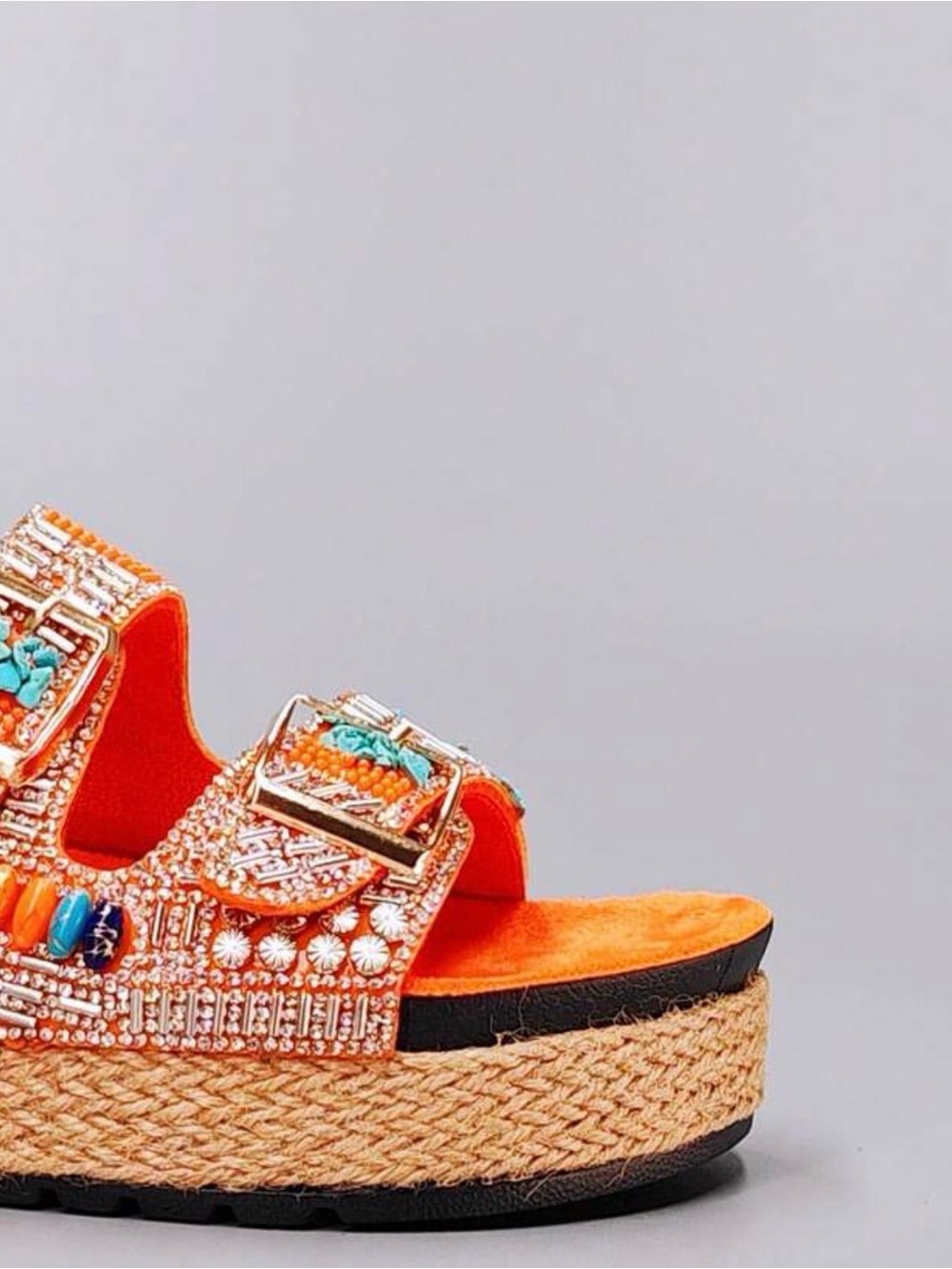 Embellished Orange Slide Sandals with Turquoise & Siver Accents - Picture 9 of 14